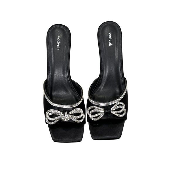 Black Satin Heels With Rhinestone Bow Embellishments & Open Square Toe Design - Picture 5 of 7